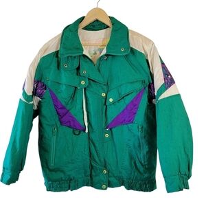 VTG FUDA Unisex Green Purple Color Block Bomber Jacket Sz M Outdoor Ski Full-Zip